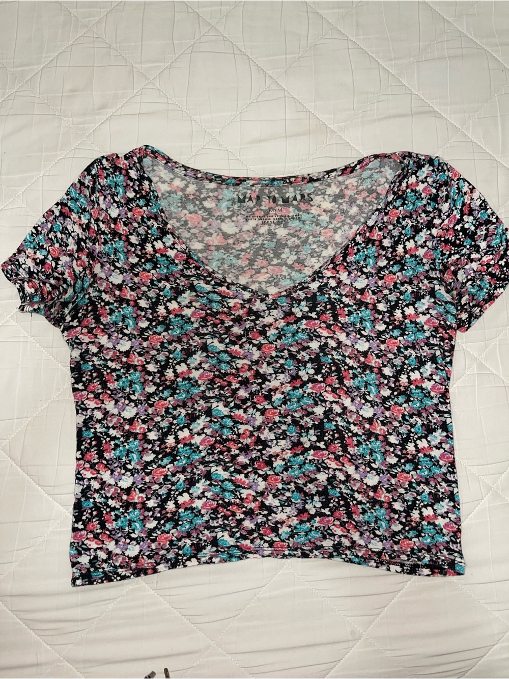 Crop V-Neck Tee - Black with Pink & Teal Floral